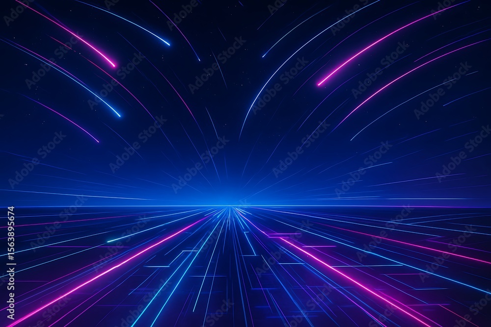 Obraz premium Neon light streaks race across a dark futuristic digital landscape