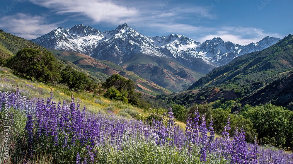 Majestic Mountain Landscape with Lush Purple Wildflowers in Bloom Majestic Mountain Landscape with Lush Purple Wildflowers in Bloom