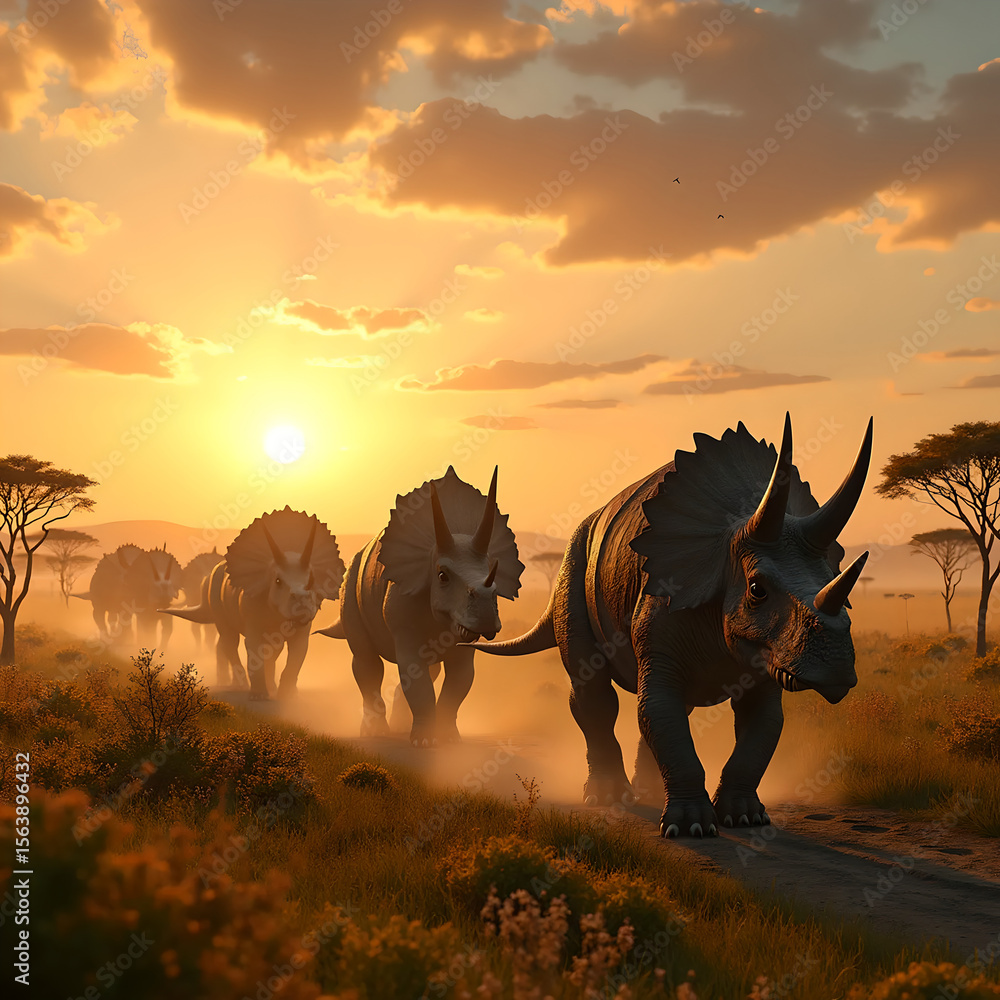 Fototapeta premium Herd of Horned Dinosaurs Crossing Prehistoric Savanna at Sunset with Dust Trails and Golden Light