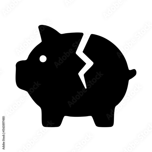 Cracked piggy bank icon symbolizing financial crisis, bankruptcy or savings depletion