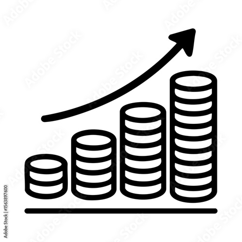 Coin stacks increasing with upward arrow icon for financial growth