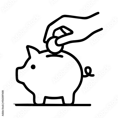 Hand putting coin in piggy bank icon for saving money