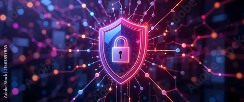 Abstract 3d cyber security shimmering protection shield on the middle of the connected protection glowing network with negative space on the right transparent glasd, dark purple gradient theme, glowin