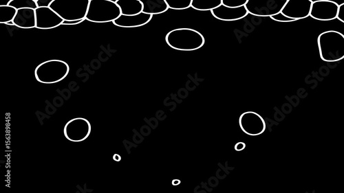 Abstract white bubbles or circles on a black background with a cluster of shapes at the top