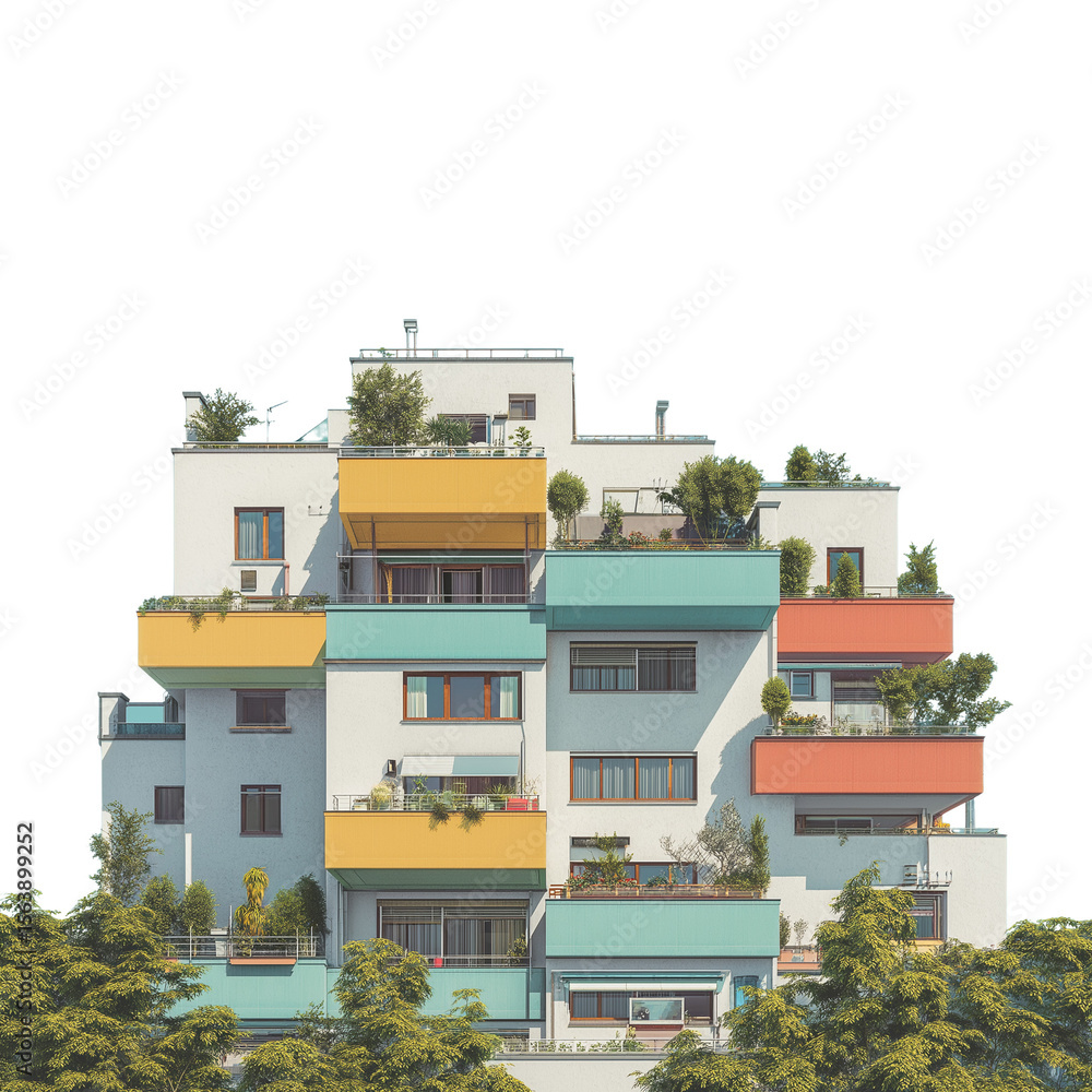 Fototapeta premium Modern Colorful Apartment Building with Greenery on Transparent Background