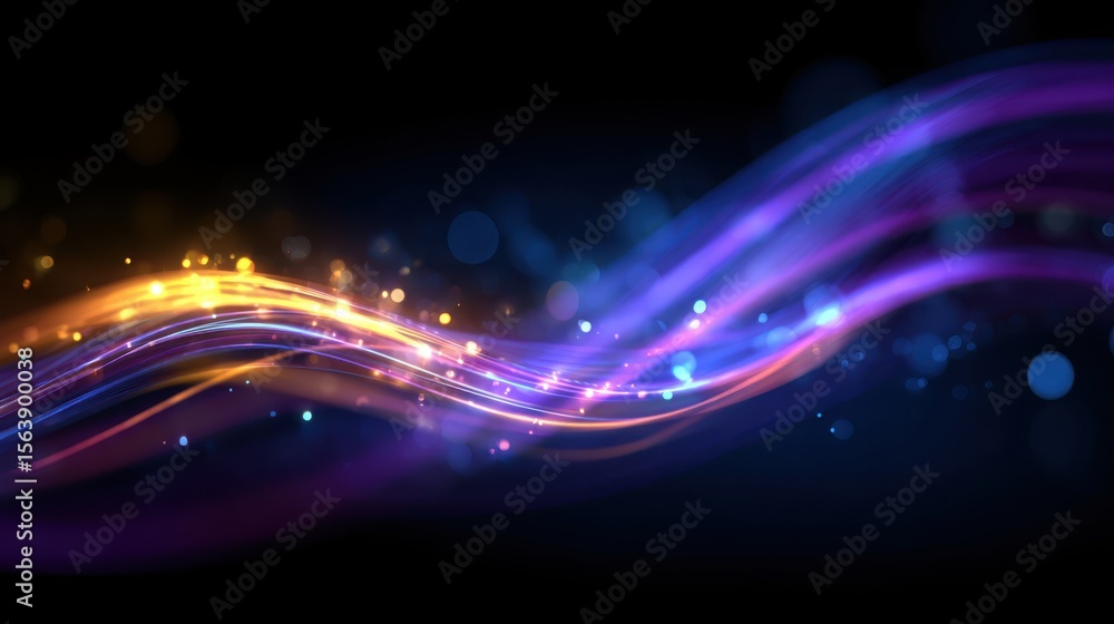 Obraz premium Abstract flowing light streaks with bokeh effect in purple and gold
