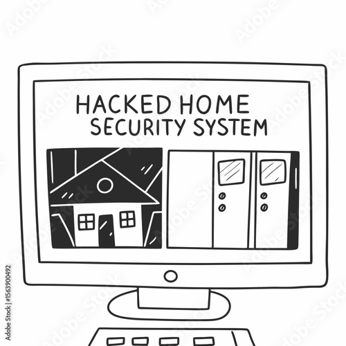 Computer screen displaying hacked home security system with house and doors vector