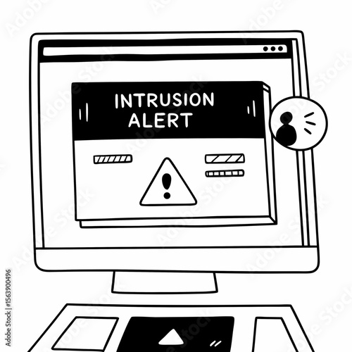 Computer screen displaying intrusion alert with warning symbol vector