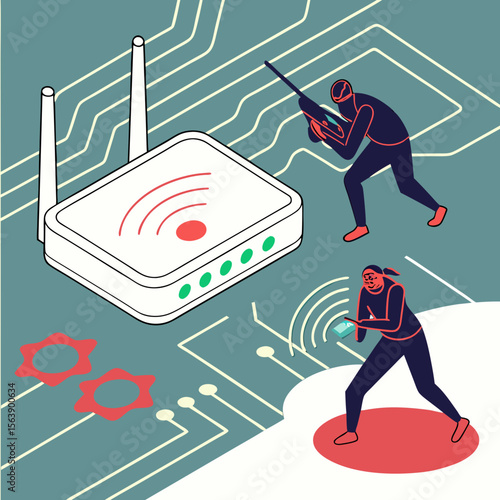 Hackers attacking wireless router with devices hacking cybersecurity