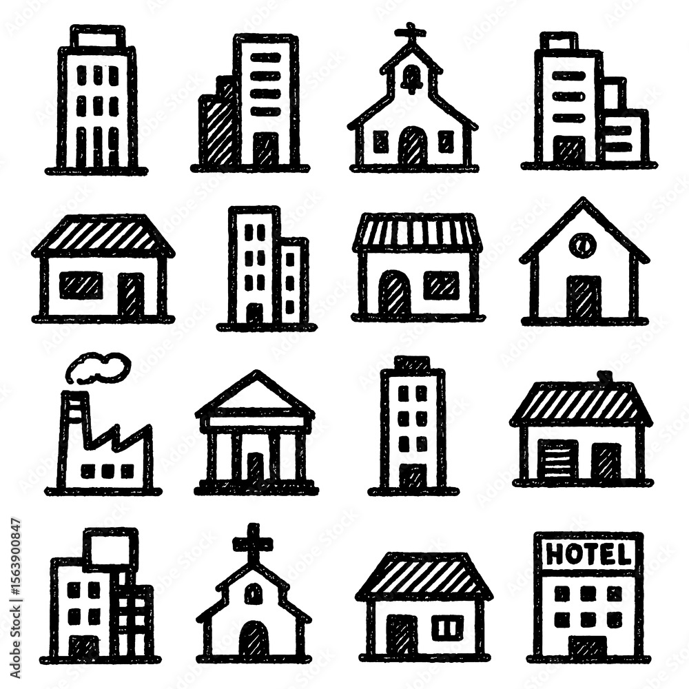 Fototapeta premium Urban Landmark Icons – Hand Drawn Skyscrapers, Towers, Monuments, City Buildings – Transparent Background