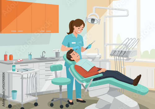 A dental office scene A dentist examines a patient in a chair with equipment and cabinets visible