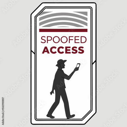 Person with hat holding phone walking with spoofed access text access card silhouette