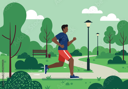 A man jogs in a park with trees benches lamps bushes a path and clouds