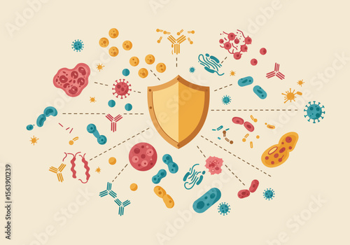 A stylized shield surrounded by microorganisms with dotted lines connecting them