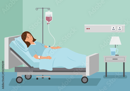 A woman lies in a hospital bed receiving an IV drip in a room