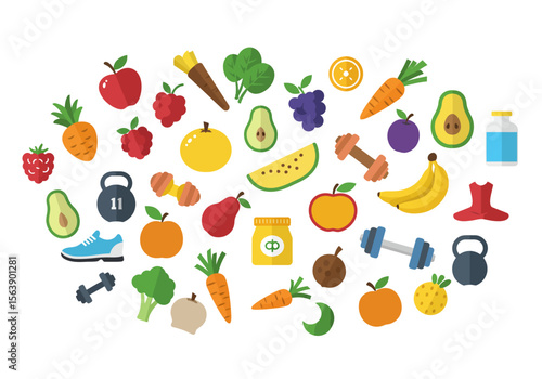 An arrangement of fruits vegetables and fitness equipment on a white backdrop