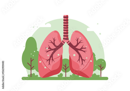 Cartoon lungs are centered set amidst green trees and light green backdrop