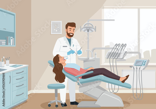 Dentist examining female patient in dental chair at clinic near tool and window