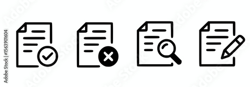 Document icons with checkmark cross magnifying glass and pencil vector