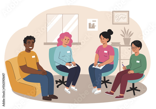 Four people sit in chairs in a circle holding papers in a therapy or support group session
