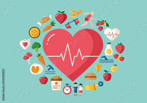 Heart with healthy lifestyle icons running swimming fruit vegetables and healthy relationships