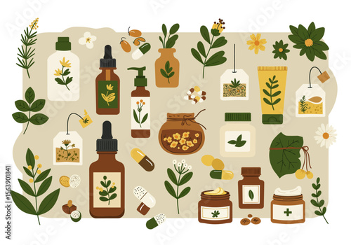 Herbal remedy illustration features plants flowers bottles jars  capsules