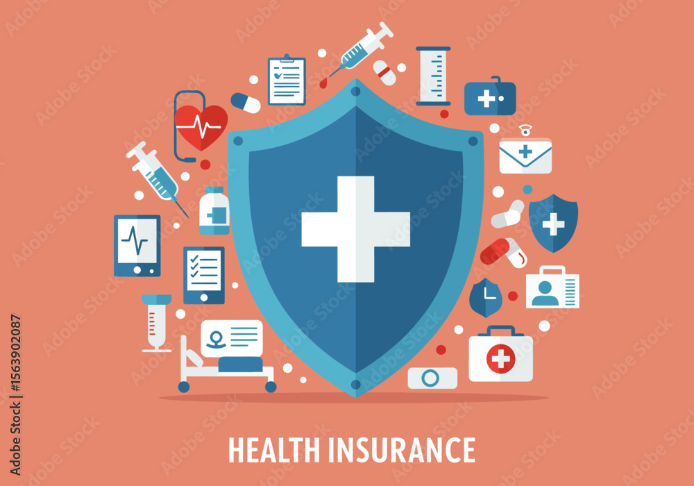 Obraz premium Medical icons surround a blue shield emblazoned with a white cross set against an orange background with HEALTH INSURANCE below