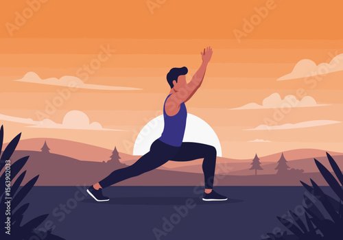 Man in yoga lunge pose at sunset with silhouetted trees