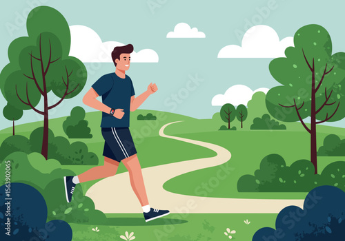 Man jogs in a park wears sportswear  fitness tracker on a winding path with trees bushes  a sky with clouds