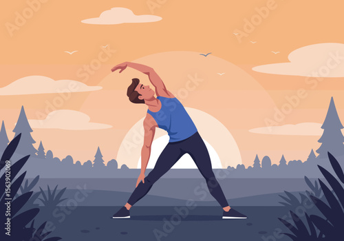 Man stretches outdoors in the morning silhouette against trees plants and setting sun