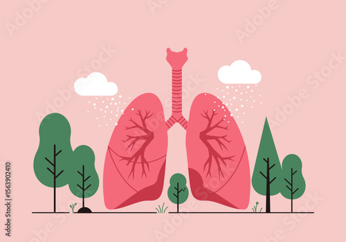 Stylized lungs trachea  trees on a pink ground with white clouds and dots above a landscape theme