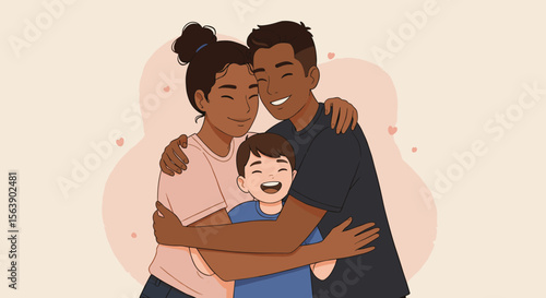 Happy diverse family of three smiling and hugging each other tightly, expressing togetherness and love
