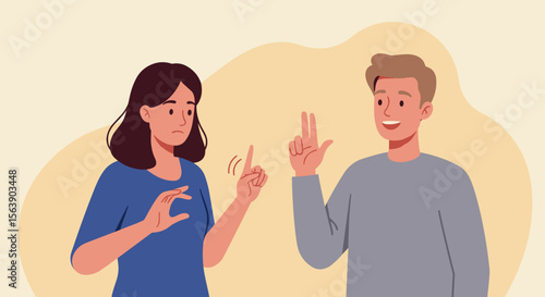 A young man and woman are communicating using sign language, conveying a message of understanding and connection through hand gestures in a simple, minimalist illustration style.