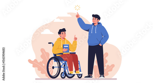 A young man in a wheelchair smiles while studying with a friend who is encouraging him with a sparkle graphic, symbolizing support and education for people with disabilities.