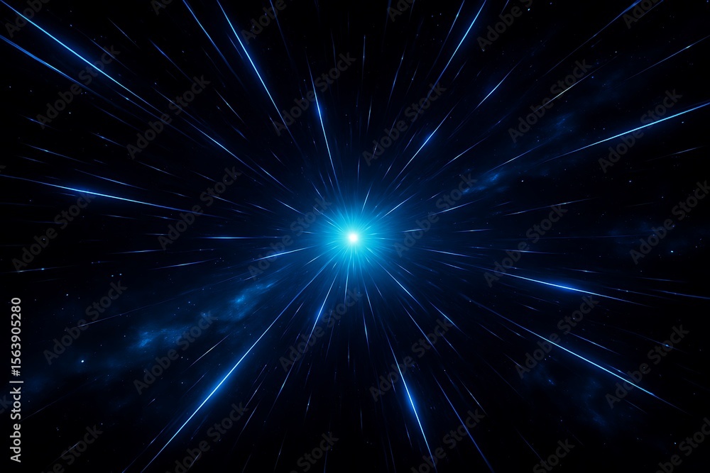 Fototapeta premium Abstract blue light streaks emanating from a bright central star in deep space