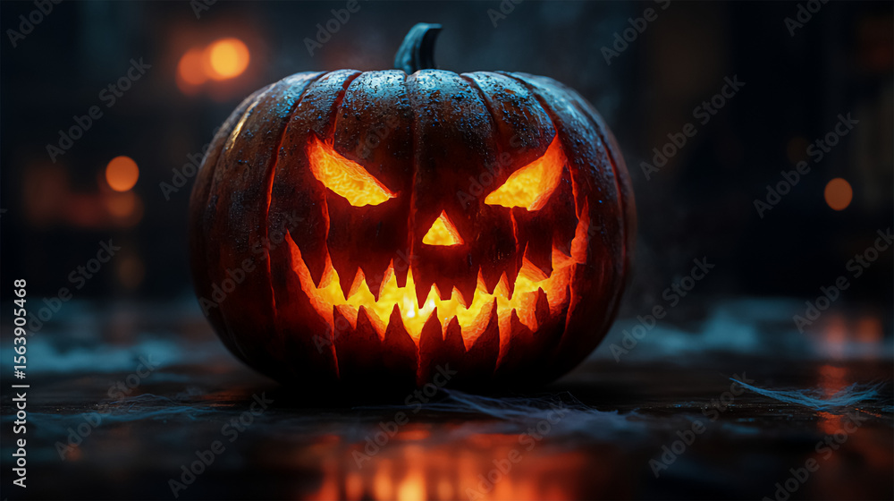 Menacing Glowing Jack-o'-Lantern - Spooky Halloween Pumpkin with Jagged Grin in Foggy Nighttime Setting Menacing Glowing Jack-o'-Lantern - Spooky Halloween Pumpkin with Jagged Grin in Foggy Nighttime Setting