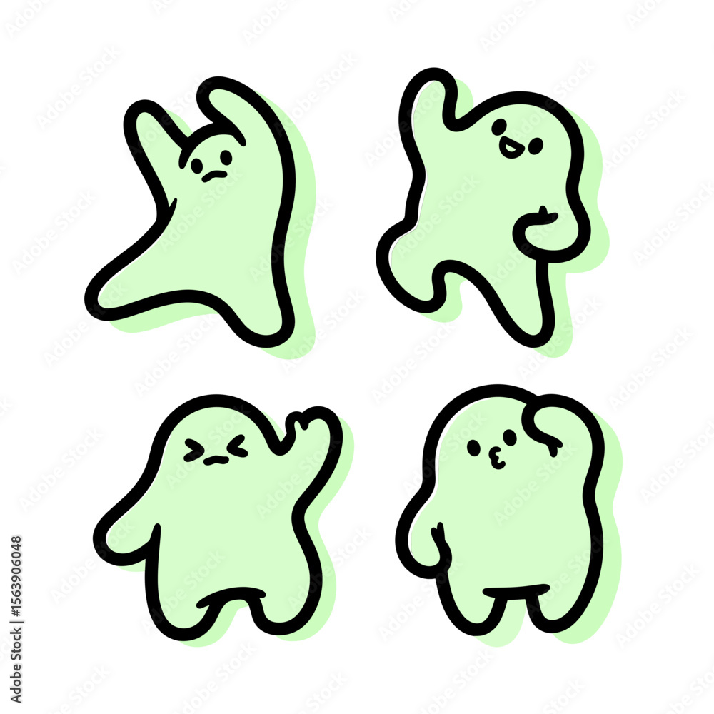 Obraz premium Playful Animated Characters with Green Shapes Dancing and Expressing Joyful Emotions