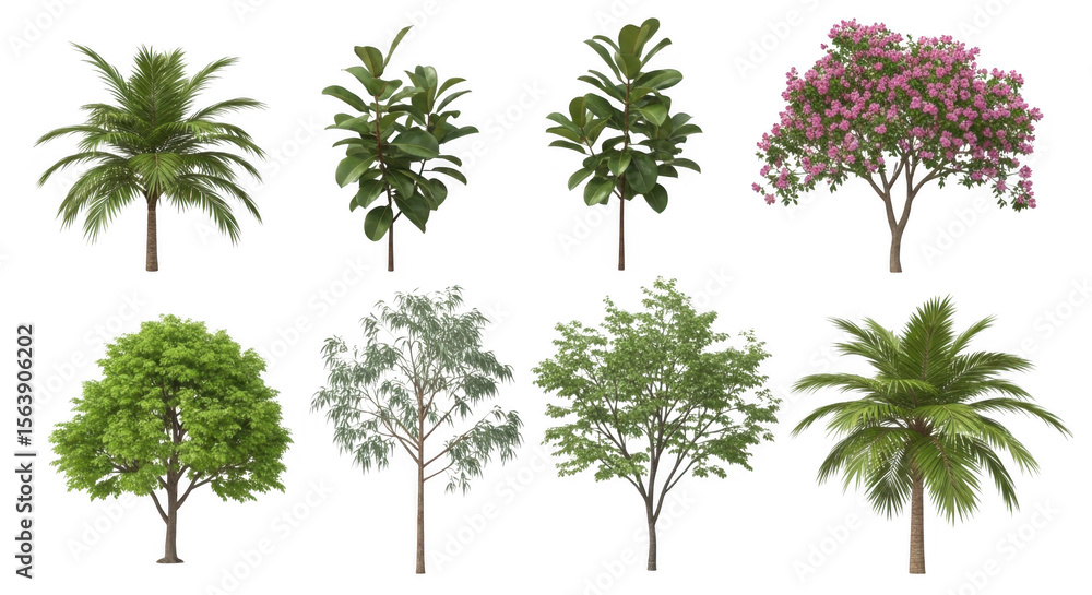 Fototapeta premium Diverse Collection of Trees Including Tropical and Flowering Varieties, isolated on a transparent background