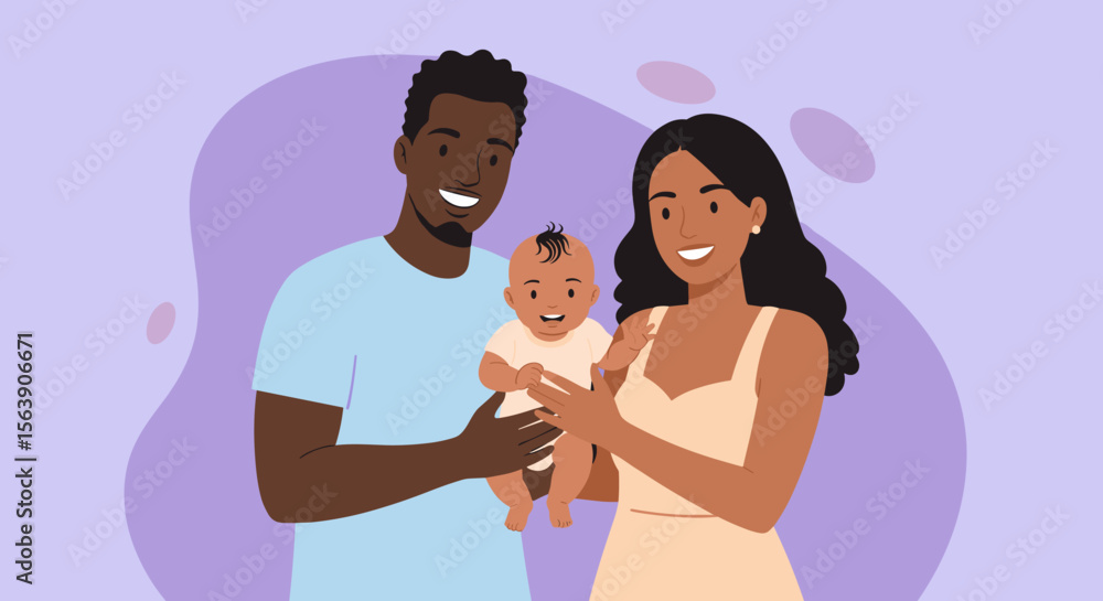 Obraz premium Happy African American family portrait: a smiling father, mother, and their adorable baby, captured in a minimalist pastel illustration style, ideal for family blogs, websites, and social media.