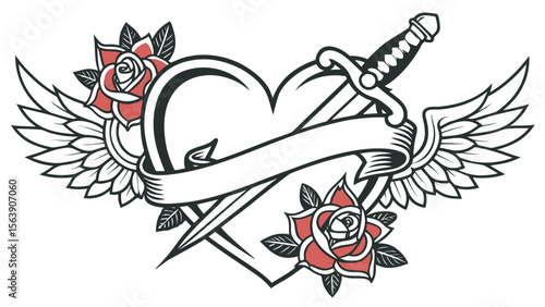 A bold and artistic heart tattoo design featuring classic vintage tattoo style. 