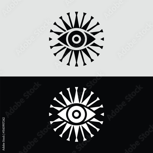 A minimalist black and white logo features an eye surrounded by radiating lines, creating a modern and abstract symbol of vision and spirituality
