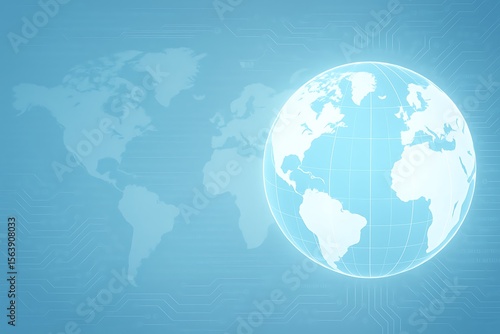 Glowing digital globe with world map and circuitry overlay on blue background