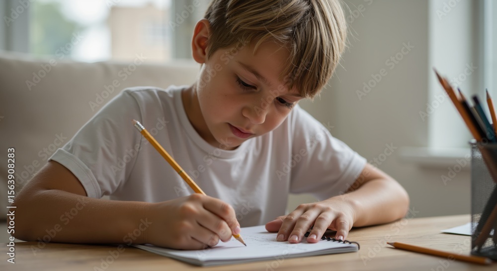 Young boy writing in notebook at wooden desk in bright room Young boy writing in notebook at wooden desk in bright room