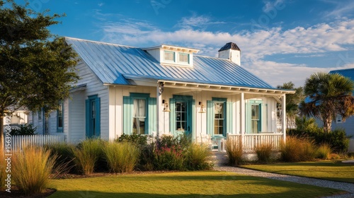 Charming coastal cottage with blue metal roof and teal shutters