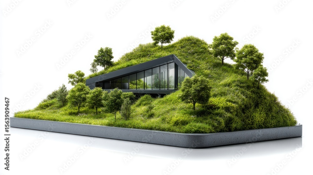 Naklejka premium Modern green roof house seamlessly integrated into a lush hillside landscape