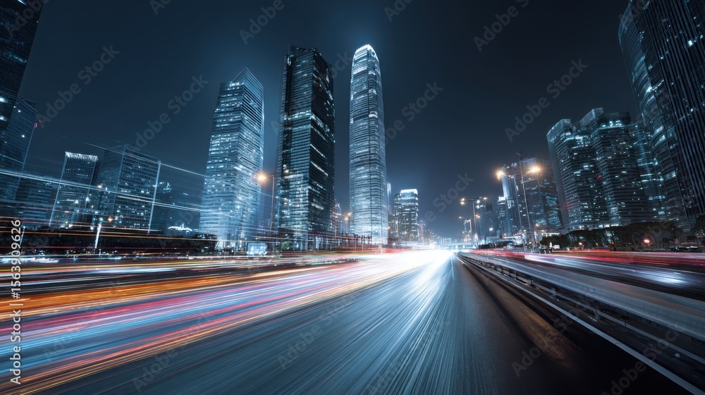 Fototapeta premium Modern cityscape at night with streaking light trails from traffic