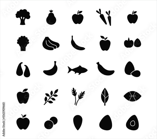 Organic Clean Food Silhouette Icons on White Background
