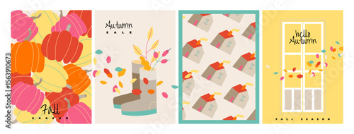 Set of minimalistic autumn poster or cover with bright beautiful leaves, pumpkuns, window, house. Fall background, Sale banner, or flyer design. Template for advertising, web, social media