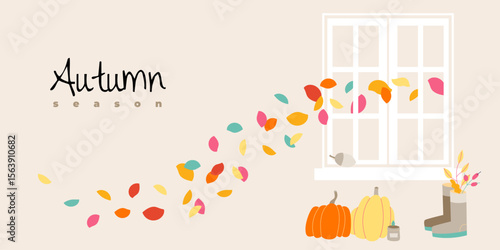 Minimalistic autumn poster or cover with bright beautiful leaves, pumpkuns, window, shoes. Fall background, banner, or flyer design. Template for advertising, web, social media
