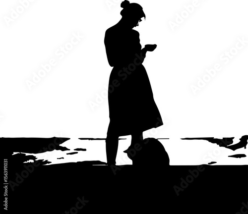silhouette of a girl with a  pet animal